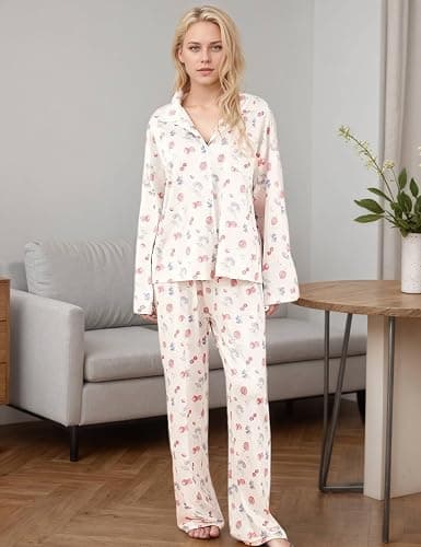 TIKITIDES Womens 2 Piece Fruit Floral Pajamas Button Down Pajama Sets Cute Long Sleeve Wide Leg Soft Pjs Loungewear thumbnail 5