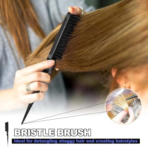Qufiiry 3Stück Sleek Bun BüRste Set, Doppelkanten BüRste Teasing HaarbüRste Set und Rattenschwanz Kamm, Toupier Bürste Set Borsten Haarschnitt Haarkamm für Friseurin Frauen Kinder thumbnail 5