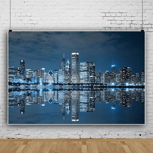 DORCEV Skyline City Night Landscape Photography Backdrop Business Modern City Chicago Downtown Night Background for Party Decoration Birthday Kids Boy Photoshoot Photo Background Props thumbnail 3