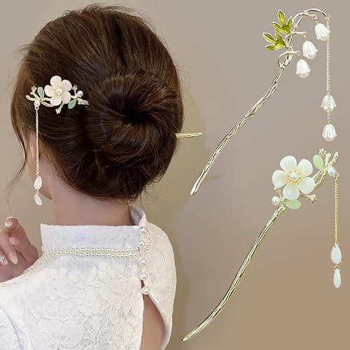 2Packs Lily of the Valley Chinese Hair Sticks for Buns, Pearl Flower Vintage Metal Hair Chopsticks for Women and Girls Dangle Tassel Pendant Hair Accessories Hanfu Handmade Decor Hairpin (white) - Image 1