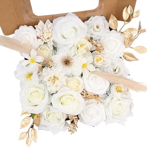SwanMoon Artificial Flowers Combo Box Set, 33pcs Silk Roses & White Peony with Stems for DIY Wedding Bouquets, Baby Shower, Party Centerpieces & Home Decor - Image 1