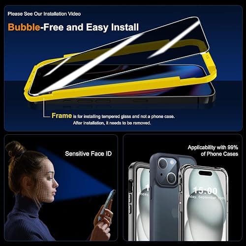 QHOHQ 3 Pack Privacy Screen Protector for iPhone 15 [6.1 Inch] with 3 Pack Camera Lens Protector, Anti Spy Tempered Glass Film, 9H Hardness, HD, Bubble Free, Case Friendly - Black thumbnail 6