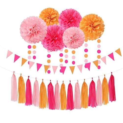 Hot-Pink Burnt-Orange Fall Party Decorations - 23pcs Birthday Baby Shower Tissue Pom Poms Streamers,Sunset Autumn Thanksgiving Tassel Garland Banner,Bridal Wedding Graduation Decor Backdrop Ouruola - Image 1