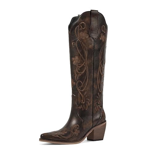 wetkiss Cowboy Boots for Women Knee High Cowgirl Boots, Western Boots with Floral Embroidered Pointed Toe Chunky Heel Pull On Retro Vintage Classic Tall Boots for Ladies - Image 1