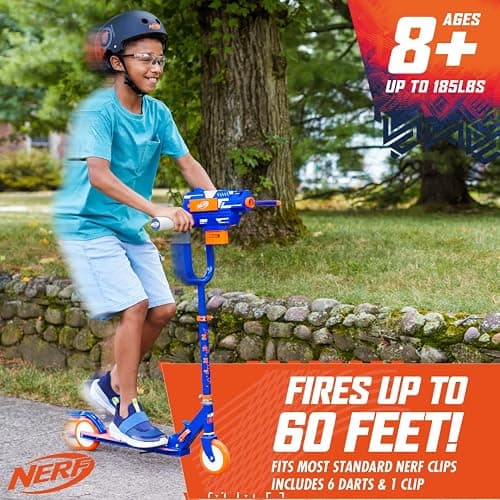 NERF Kick Scooter for Kids, Dual Barrel Blaster Fires Up to 40 Feet, Supports Up to 150lbs, Rear Brake, Sturdy Steel Frame, Wide Surface Textured Molded Deck, Outdoor Activities for Boys/Girls thumbnail 3