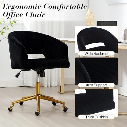 HENGJIANYI Home Office Swivel Desk Chair, Modern Velvet Vanity Chair, Height Adjustable Armchair with Gold Base, Ergonomic Office Chair for Task Study Computer Room, Black thumbnail 4