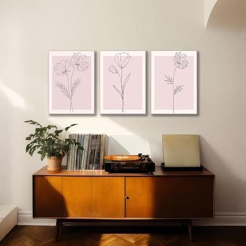 Pink Flower Wall Art Set of 3 Framed, Blush Pink Floral Canvas Wall Decor Pictures, Minimalist Botanical Line Art Prints for Girls Bedroom Teen Room Living Room Aesthetic 12x16 Inch thumbnail 7