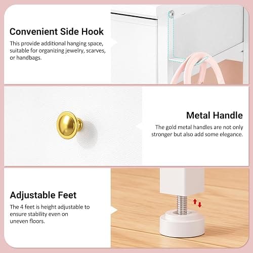 ThreeHio Vanity Desk Without Mirror, Makeup Vanity for Girls with 2 Fabric Drawers, Small Vanity Table with Iron Hook, 35 Inches Dressing Table with Storage, White thumbnail 7