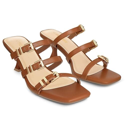 PIZZ ANNU Women's Liora Kitten Heels Sandals Square Open Toe Slip-On Mules with Three Buckle Comfortable Casual Dress Pumps Shoes thumbnail 5