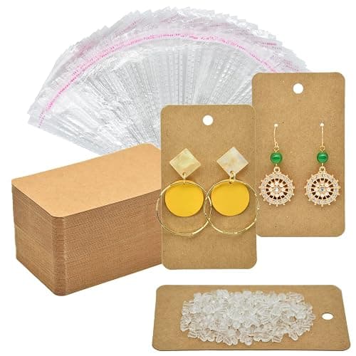 Twavang Earring Display Cards with 100Pcs Earring Holder Cards, 100 Pairs Clear Earring Backs and 100Pcs Self Adhesive Bags for Earrings Jewelry Display (Brown, 3.5" x 2") - Image 1