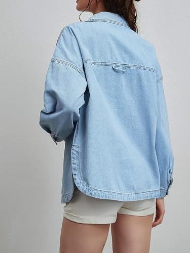 Women Denim Jacket Shacket Long Sleeve Oversize Boyfriend Jean Jacket Shirt thumbnail 3