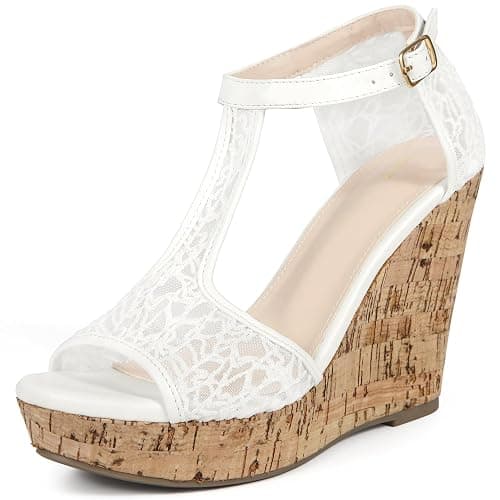 Perphy Women Lace Open Toe T-Strap Platform Wedge Heels Sandals | TPR outsole. 4.3-inch heel. Wedge heel. Party, Office, Casual, Evening, Dating. Lace open toe. T-strap platform - Image 1