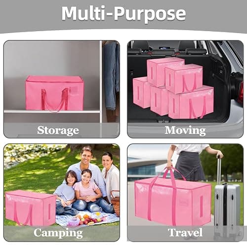 8 Pack-Extra Large Heavy Duty Moving Bags - Waterproof Storage Totes with Handles & Zippers, Foldable for College Dorm, Storage (Pink) thumbnail 7