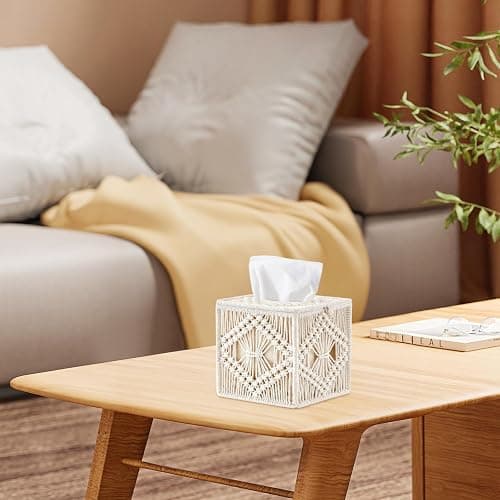 MEETOZ Tissue Box Cover Square, Woven Macrame Napkin Facial Paper Organizer, Boho Decor Tissues Holder for Bathroom Bedroom Dresser Living Room Office thumbnail 6