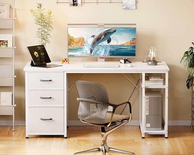 AODK 51 Inch Computer Desk with File Drawers & USB Power Outlets - Reversible Home Office Desk with Storage Shelves, Work from Home, Modern Work/Writing/Study Table for Bedroom, White thumbnail 2