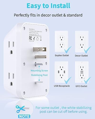 2 Pack Outlet Extender Surge Protector, HOPOW 6 Outlet Splitter with 4 USB Ports (2 USB C), USB Wall Charger, 3-Sided 1050J Multi Plug Wall Outlet, Wall Mount for Home Travel Office Travel, White thumbnail 7