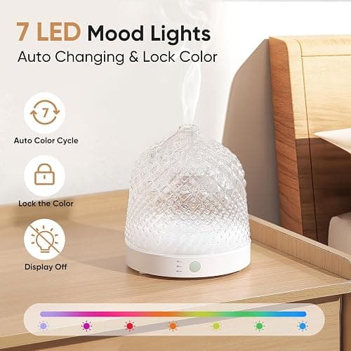 Lecdura Glass Essential Oil Diffuser, 200ml Ultrasonic Aroma Diffusers with Glass Reservoir Dome & White Plastic Base Lock Color Auto-Off Timer 7 Color Light for Home Office Bedroom Yoga thumbnail 5