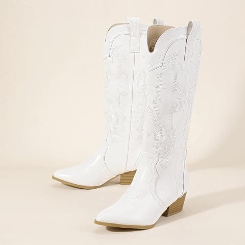 IDIFU IN2 Cowboy Boots For Women Cowgirl Knee High Western Tall Boots Chunky Low Pointed Toe Heel Boots Fashion Booties for Women Embroidered Wedding Country Concert Boots thumbnail 4