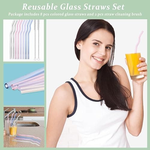 8 Pcs Reusable Wavy Glass Straws, Colorful Glass Straws Shatter Resistant 7.9" X 8mm Cute Drinking Straw with 2 Cleaner Brushes for Hot/Cold Beverages, Milk, Coffee, Juice, Wine thumbnail 6