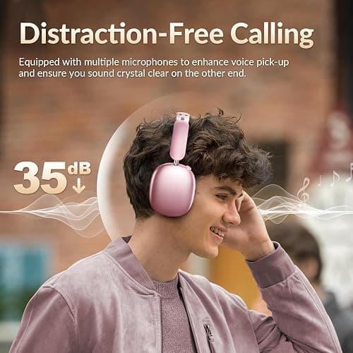 Wentronic Y02 Active Noise Cancelling Headphones,60H Battery,5 EQ Music Modes,Hi-Res Audio,Deep Bass,Foldable Wireless Over Ear Bluetooth 5.4 Headset,Breathable Leather Earpads (Pink) thumbnail 6