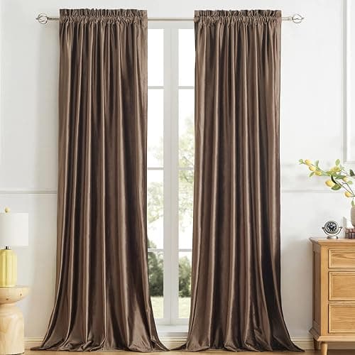 PRIMROSE Brown Velvet Room Darkening Curtains 96 inches Long for Living Room,Blackout Thermal Insulated Window Drapes for Bedroom Solid Modern Decorative Rod Pocket Curtain Set of 2 Panels - Image 1