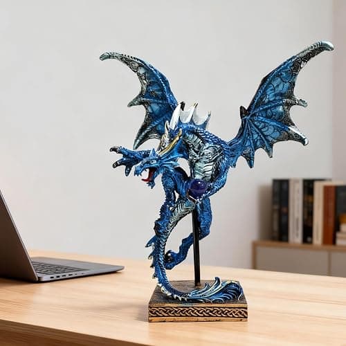 Hmusnwol Dragon Statue-Collectible Figurines Fantasy Gothic Beast - 10.5" Tall Collectible Dragon Sculpture Decor with Blue Orb thumbnail 2
