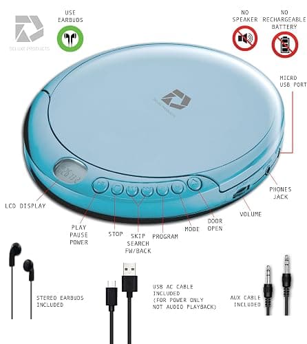 Deluxe Products CD Player Portable with 60 Second Anti Skip, Stereo Earbuds, Includes Aux in Cable and AC USB Power Cable for use at Home or in Car. Blue thumbnail 7