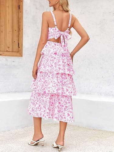 Wenrine Womens Summer Floral Maxi Dresses Sleeveless Spaghetti Strap Tie Back Ruffle Tiered Flowy Dresses thumbnail 7