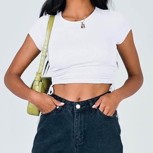 Kirozanny Women's Round Neck Short Sleeve Drawstring Side Slim Fit Stretchy Crop Tops thumbnail 2