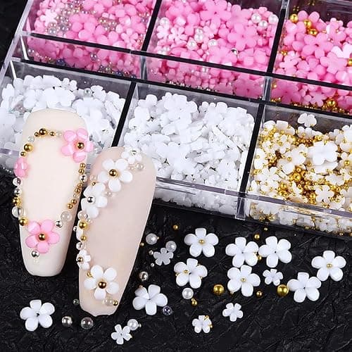 3D Flower Nail Charms, 2 Boxes 3D Acrylic Flower Nail Art Charms and Gems White Pink Mixed Cherry Blossom Spring Rhinestones Acrylic Nail Supplies with Pearls Manicure DIY Nail Decorations thumbnail 7