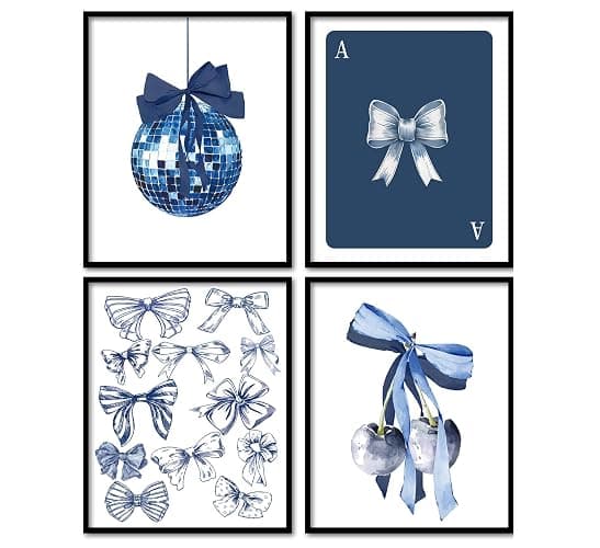 foedor Navy Blue Room Wall Decor,Navy Wall Art,Coquette Blue Bow Preppy Girly Prints,Boy Bedroom Decor,Trendy Navy Bow Disco Ball Cherry Wall Decor Posters for Girls Room Dorm, 8x10 Unframed,Set of 4 - Image 1