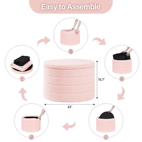 B FSOBEIIALEO Ottoman with Stroage, Round Sherpa Storage Ottoman Stool, Boucle Foot Rest22 x 22"x15.75" (Pink thumbnail 3