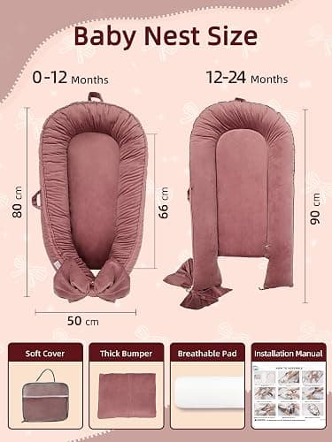 EAQ Baby Nest Pod for Newborn,Baby Sleep Pod Soft Breathable Napping or Traveling for 0-12 Months,Travel & Baby Essentials for newborn (Bean paste pink) thumbnail 2