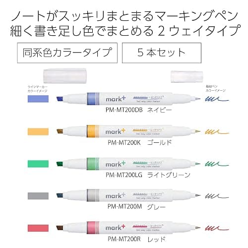 KOKUYO 2-Way Vivid Highlighter 5 Colors Set. Mark+ Dual Tips Markers, Quick Dry Chisel Fine Tip 5 Pack of Gold, Gray, Light Green, Navy, Red. Japan Import (PM-MT200-5S2) thumbnail 3