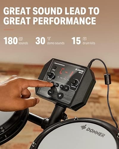 Donner DED-80 Electronic Drum Set with 4 Quiet Mesh Pads, 180+ Sounds, 2 Pedals, Throne, Headphones, Sticks, and Melodics Lessons thumbnail 5
