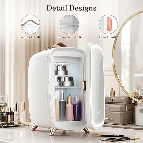 Electactic 6L Mini Skincare Fridge with LED Mirror, Beauty Fridge, White | 7° tilted mirror, 3 lighting modes, quiet thermoelectric cooling, removable shelf, space-saving design thumbnail 7