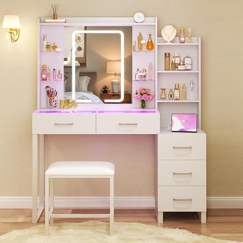 HUAHUU Vanity Desk with Mirror and Lights 3 Colors, 43.3" Makeup Vanity with Glass Top & RGB Light, White Vanity Table Set with Stool, 5 Drawers & Power Outlet for Bedroom Dressing Room thumbnail 9