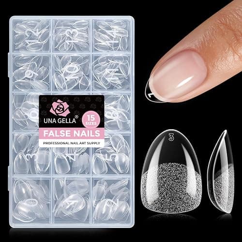 UNA GELLA Extra Short Almond Nail Tips, 15 Sizes Pre-Shaped Full Cover | 300Pcs Flexible Soft Gel Clear XS Almond Tips for DIY Press on Nails, for Daily Wear, Art Design & Salon Use - Image 1