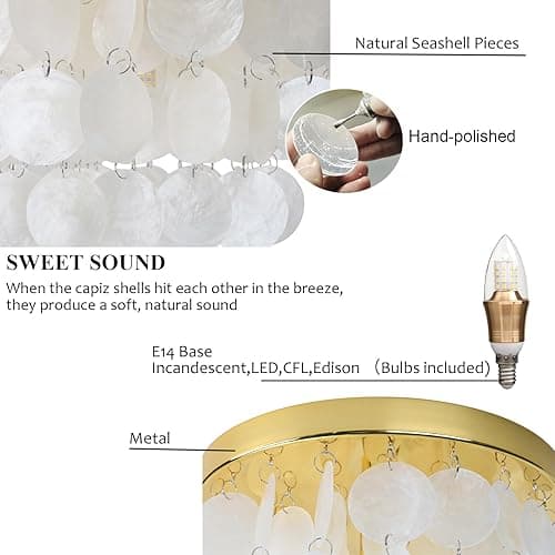 Pathson Modern Shell Ceiling Light Fixture Brass Gold Finish, Hardwired Flush Mount Lighting Includes Bulb, Vintage Capiz Shell Ceiling Chandelier Lamp for Hallway Entryway Living Room Bedroom thumbnail 6