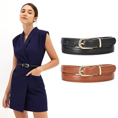 JASGOOD 2 Pack Womens Skinny Leather Belt Ladies Thin Faux Leather Belt with Gold/Silver Buckle for Jeans Dress Pants thumbnail 2