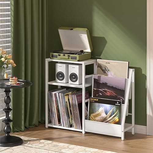 LELELINKY Record Player Table,Turntable Shelf with Vinyl Storage Up to 150 Albums,White Side Table with 3 Tier Magazine Periodical Book Rack,Wide Metal Record Holder Cabinet for Room Office - Natural White thumbnail 7