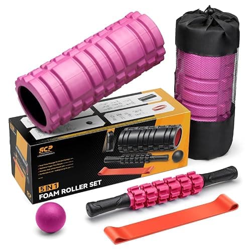 5 in 1 Foam Roller Set for Deep Tissue Muscle Massage, High Density Fitness Exercise Foam Roller, Massage Roller, Massage Ball, Resistance Band, for Whole Body (Pink-Black) thumbnail 9
