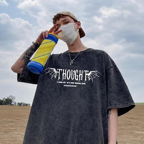 Lubpow Mens Acid Wash Tshirt Oversized Vintage Graphic T-Shirts Cool Grunge Rose Floral Shirt Trendy Y2K Streetwear Tee Tops thumbnail 2