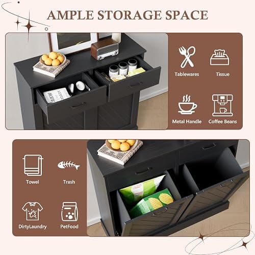 Double Tilt-Out Trash Can Cabinet, 2x15 Gallons Hidden Garbage, Hidden Kitchen Trash Cabinet with Storage Drawer, Pet-Proof Wooden Garbage & Recycling Cabinet for Kitchen, Laundry & Living Room, Black thumbnail 4