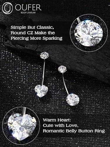 OUFER Titanium Belly Button Rings, Long Belly Piercing Jewelry, Clear CZ Belly Rings, Internally Thread Navel Piercing Jewelry For Women Men thumbnail 4