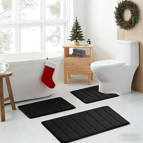 Bathroom Rugs Set Memory Foam Bath Rugs Non-Slip Bath Mat Set 3 Piece,Washable Bathroom Mats,Absorbent Shaggy Rugs Super Soft U-Shaped Toilet Rug,Bahroom Carpets for Bathroom,Tub,Shower（Black） thumbnail 2