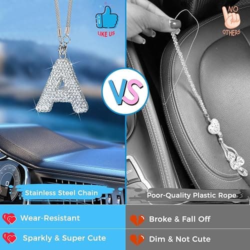 Hitluste Bling Car Letter Charm, Rear View Mirror Ornament Cute Hanging Crystal Pendant Bling Car Accessories, Lucky Diamond Rhinestone Women Charm Auto Decoration (White A) thumbnail 2