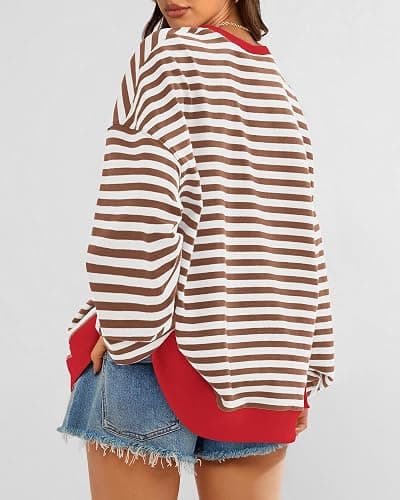 BTFBM Womens Oversized Striped Sweatshirt 2026 Spring Crewneck Long Sleeve Pullover Top Casual Y2K Clothes Workout Shirt thumbnail 2