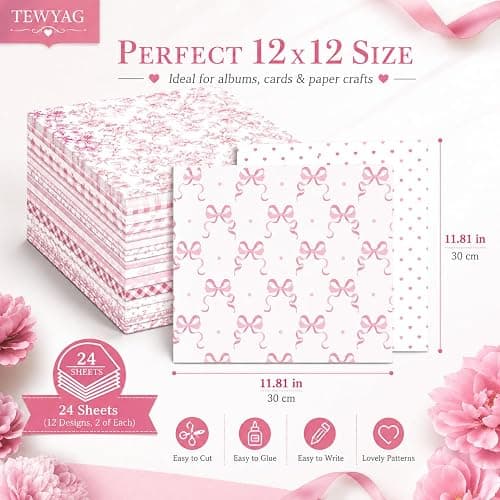 Pink Scrapbook Paper Double Sided 12x12 Coquette Bows Floral 24 Sheets thumbnail 3