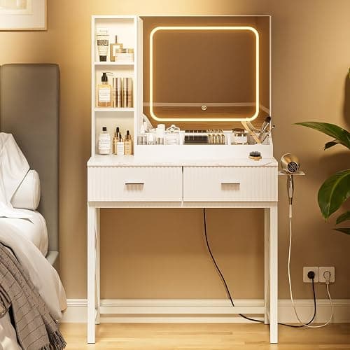 SONGXIN Vanity Desk with Mirror and Lights 3 Colors, Makeup Vanity with 2 Drawers and Storage Shelves, White Vanity Table with Power Outlet, Hair Dryer Holder, Makeup Desk for Bedroom thumbnail 5